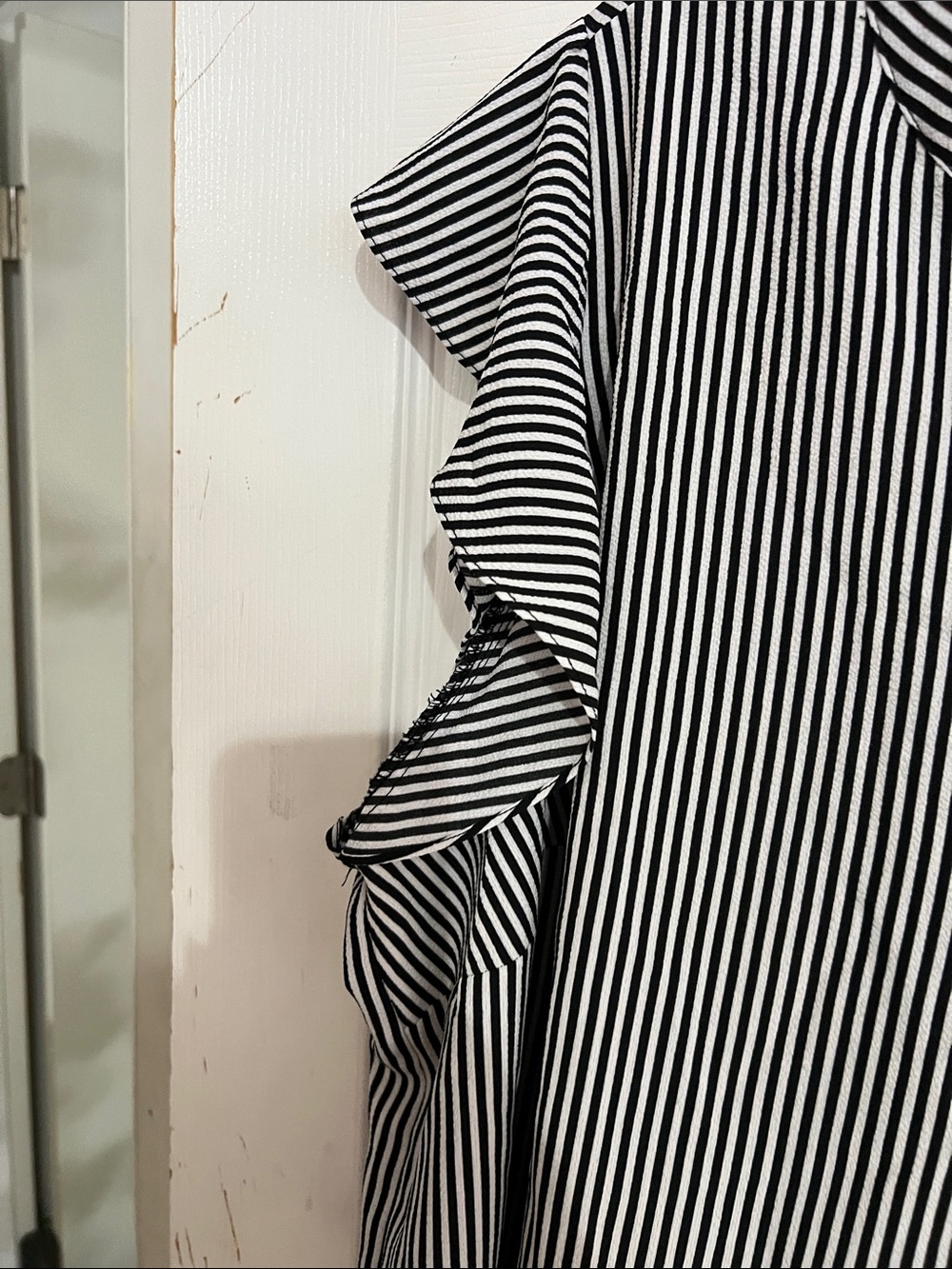 Adrianna Papell Black and White Striped Cap-Sleeve V-Neck Blouse - Picture 5 of 5